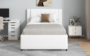 English Elm Twin Upholstered Platform Bed with Adjustable Trundle Linen Headboard Guest Room Beige N7500000614A