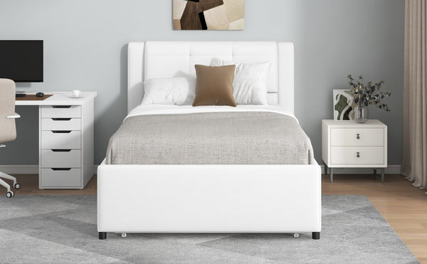 English Elm Twin Upholstered Platform Bed with Adjustable Trundle Linen Headboard Guest Room Beige N7500000614A