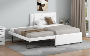 English Elm Twin Upholstered Platform Bed with Adjustable Trundle Linen Headboard Guest Room Beige N7500000614A