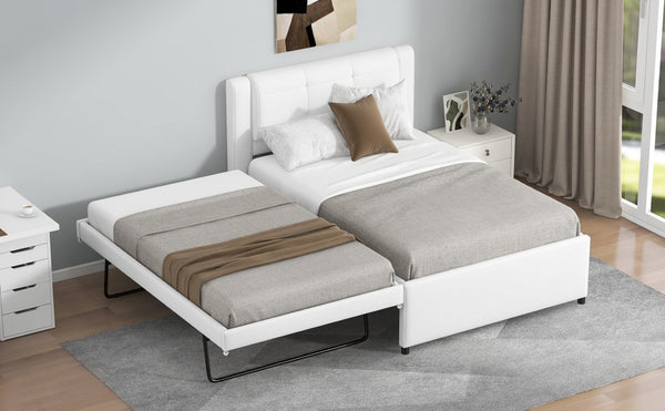 English Elm Twin Upholstered Platform Bed with Adjustable Trundle Linen Headboard Guest Room Beige N7500000614A