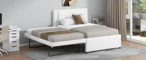 English Elm Twin Upholstered Platform Bed with Adjustable Trundle Linen Headboard Guest Room Beige N7500000614A