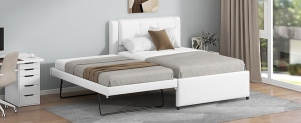English Elm Twin Upholstered Platform Bed with Adjustable Trundle Linen Headboard Guest Room Beige N7500000614A