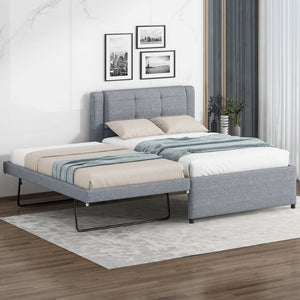 English Elm Twin Upholstered Platform Bed with Adjustable Trundle Linen Headboard Guest Room Gray N7500000614E
