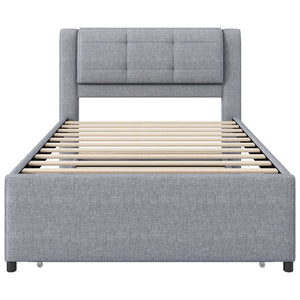 English Elm Twin Upholstered Platform Bed with Adjustable Trundle Linen Headboard Guest Room Gray N7500000614E