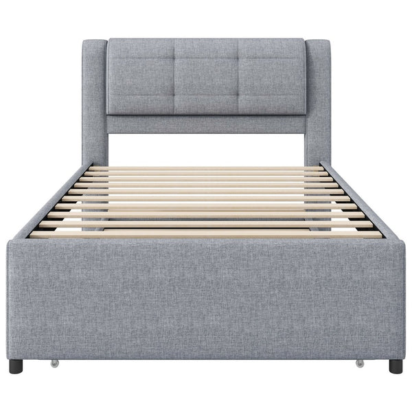 English Elm Twin Upholstered Platform Bed with Adjustable Trundle Linen Headboard Guest Room Gray N7500000614E
