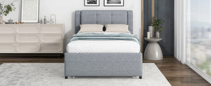English Elm Twin Upholstered Platform Bed with Adjustable Trundle Linen Headboard Guest Room Gray N7500000614E