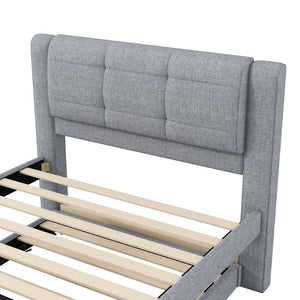 English Elm Twin Upholstered Platform Bed with Adjustable Trundle Linen Headboard Guest Room Gray N7500000614E