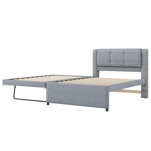 English Elm Twin Upholstered Platform Bed with Adjustable Trundle Linen Headboard Guest Room Gray N7500000614E