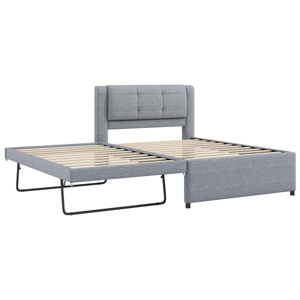 English Elm Twin Upholstered Platform Bed with Adjustable Trundle Linen Headboard Guest Room Gray N7500000614E