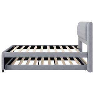 English Elm Twin Upholstered Platform Bed with Adjustable Trundle Linen Headboard Guest Room Gray N7500000614E