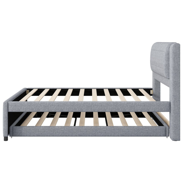 English Elm Twin Upholstered Platform Bed with Adjustable Trundle Linen Headboard Guest Room Gray N7500000614E