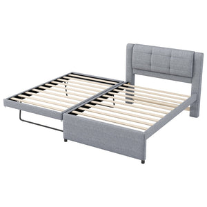 English Elm Twin Upholstered Platform Bed with Adjustable Trundle Linen Headboard Guest Room Gray N7500000614E