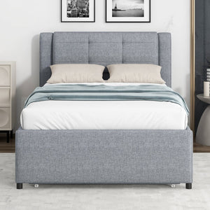 English Elm Twin Upholstered Platform Bed with Adjustable Trundle Linen Headboard Guest Room Gray N7500000614E