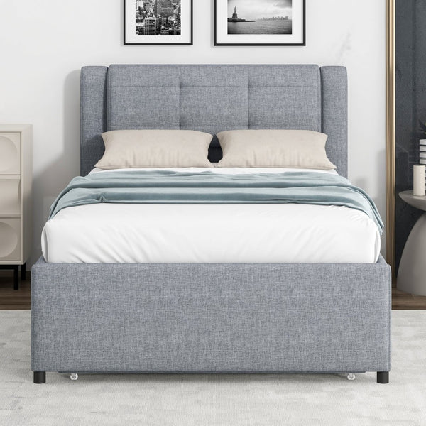English Elm Twin Upholstered Platform Bed with Adjustable Trundle Linen Headboard Guest Room Gray N7500000614E