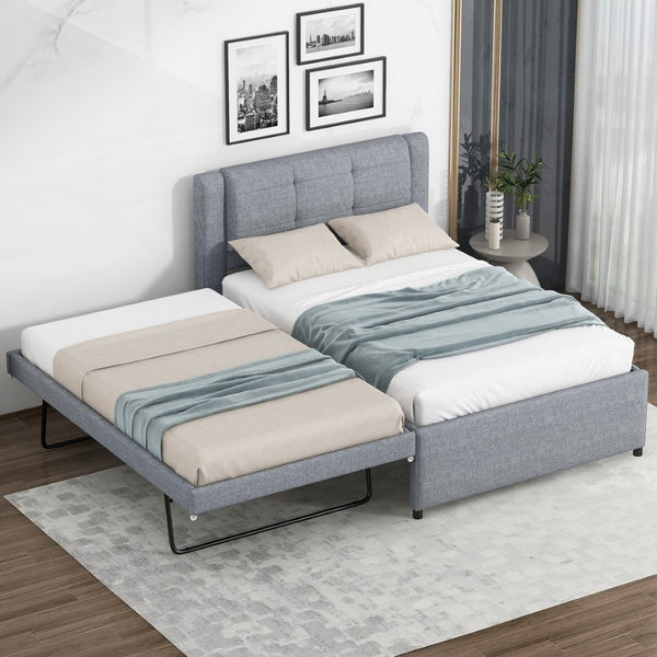 English Elm Twin Upholstered Platform Bed with Adjustable Trundle Linen Headboard Guest Room Gray N7500000614E