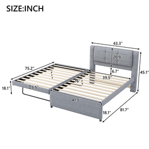 English Elm Twin Upholstered Platform Bed with Adjustable Trundle Linen Headboard Guest Room Gray N7500000614E