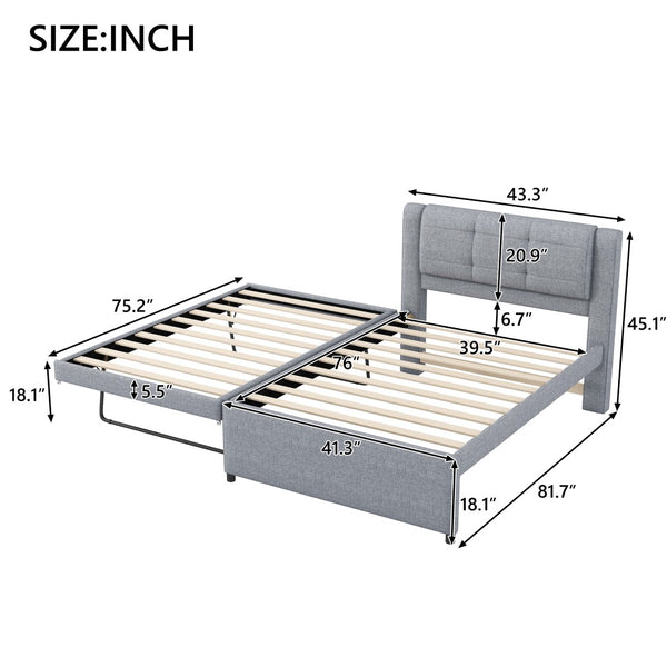 English Elm Twin Upholstered Platform Bed with Adjustable Trundle Linen Headboard Guest Room Gray N7500000614E