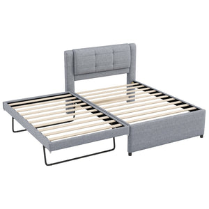 English Elm Twin Upholstered Platform Bed with Adjustable Trundle Linen Headboard Guest Room Gray N7500000614E