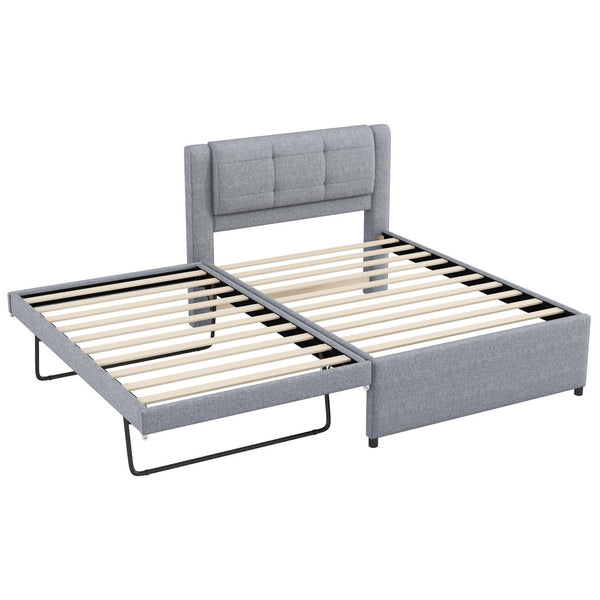 English Elm Twin Upholstered Platform Bed with Adjustable Trundle Linen Headboard Guest Room Gray N7500000614E