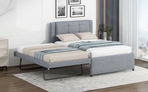 English Elm Twin Upholstered Platform Bed with Adjustable Trundle Linen Headboard Guest Room Gray N7500000614E