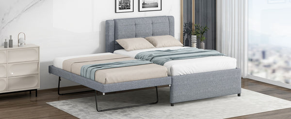 English Elm Twin Upholstered Platform Bed with Adjustable Trundle Linen Headboard Guest Room Gray N7500000614E