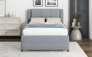 English Elm Twin Upholstered Platform Bed with Adjustable Trundle Linen Headboard Guest Room Gray N7500000614E