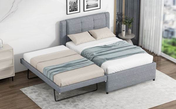 English Elm Twin Upholstered Platform Bed with Adjustable Trundle Linen Headboard Guest Room Gray N7500000614E
