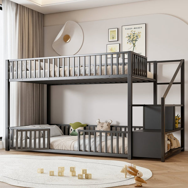 English Elm Twin Steel Bunk Bed with Storage Ladder Safety Rails and Compact Low Profile Frame Black N7500000676B