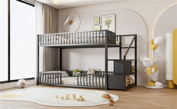 English Elm Twin Steel Bunk Bed with Storage Ladder Safety Rails and Compact Low Profile Frame Black N7500000676B