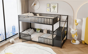 English Elm Twin Steel Bunk Bed with Storage Ladder Safety Rails and Compact Low Profile Frame Black N7500000676B