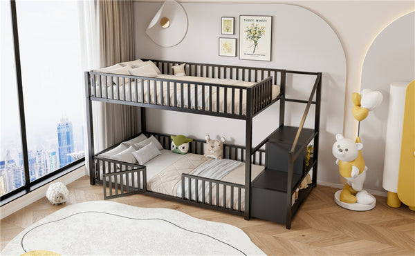 English Elm Twin Steel Bunk Bed with Storage Ladder Safety Rails and Compact Low Profile Frame Black N7500000676B