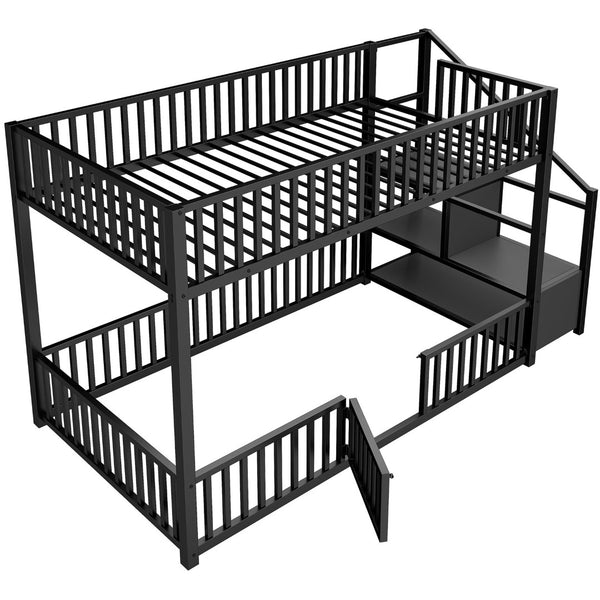 English Elm Twin Steel Bunk Bed with Storage Ladder Safety Rails and Compact Low Profile Frame Black N7500000676B