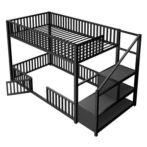 English Elm Twin Steel Bunk Bed with Storage Ladder Safety Rails and Compact Low Profile Frame Black N7500000676B