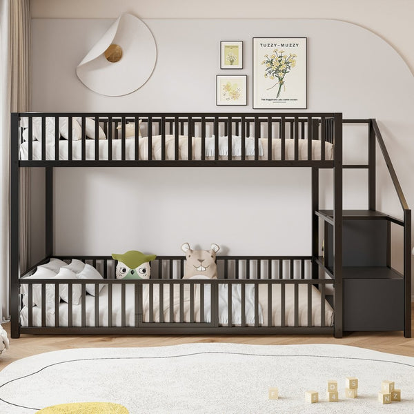 English Elm Twin Steel Bunk Bed with Storage Ladder Safety Rails and Compact Low Profile Frame Black N7500000676B