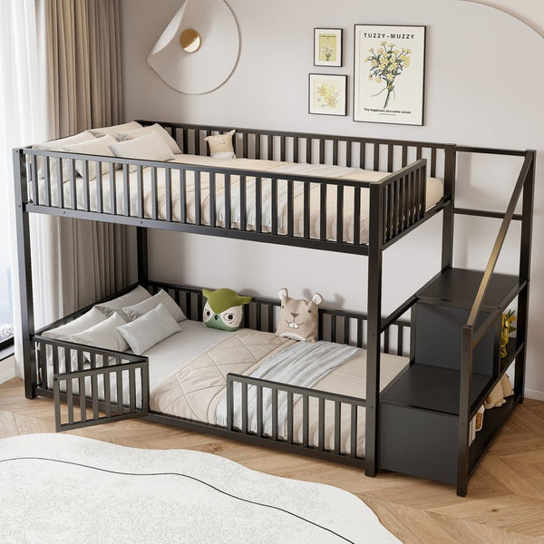 English Elm Twin Steel Bunk Bed with Storage Ladder Safety Rails and Compact Low Profile Frame Black N7500000676B