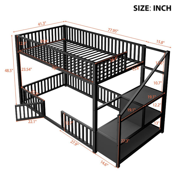 English Elm Twin Steel Bunk Bed with Storage Ladder Safety Rails and Compact Low Profile Frame Black N7500000676B