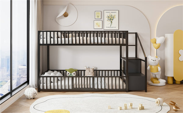 English Elm Twin Steel Bunk Bed with Storage Ladder Safety Rails and Compact Low Profile Frame Black N7500000676B