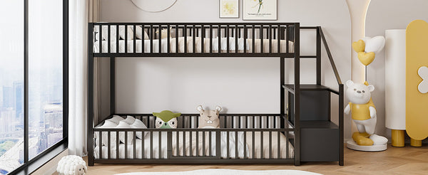 English Elm Twin Steel Bunk Bed with Storage Ladder Safety Rails and Compact Low Profile Frame Black N7500000676B