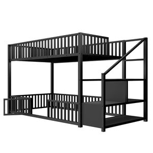 English Elm Twin Steel Bunk Bed with Storage Ladder Safety Rails and Compact Low Profile Frame Black N7500000676B