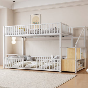 English Elm Twin Steel Bunk Bed with Storage Ladder Safety Rails and Compact Low Profile Frame White N7500000676K