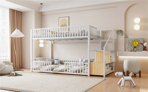 English Elm Twin Steel Bunk Bed with Storage Ladder Safety Rails and Compact Low Profile Frame White N7500000676K