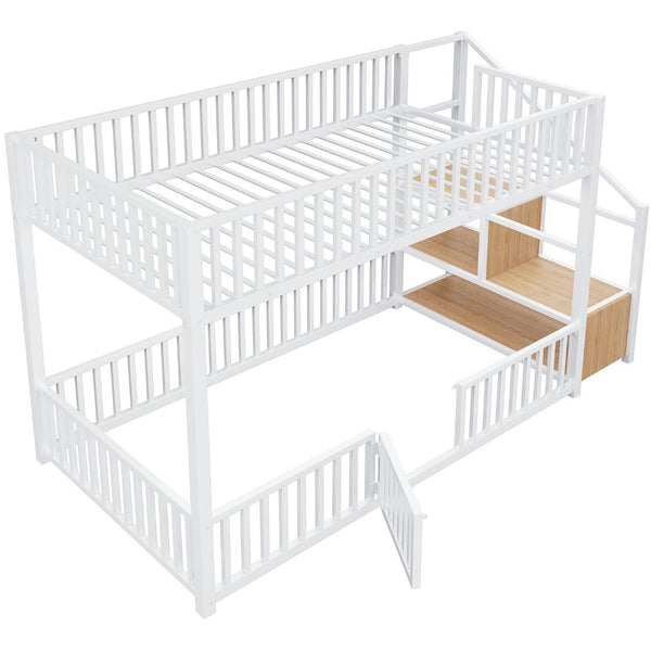English Elm Twin Steel Bunk Bed with Storage Ladder Safety Rails and Compact Low Profile Frame White N7500000676K