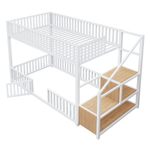 English Elm Twin Steel Bunk Bed with Storage Ladder Safety Rails and Compact Low Profile Frame White N7500000676K