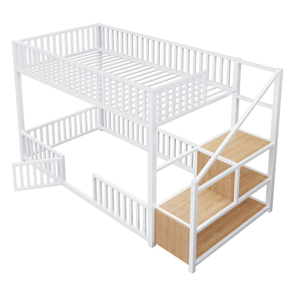 English Elm Twin Steel Bunk Bed with Storage Ladder Safety Rails and Compact Low Profile Frame White N7500000676K