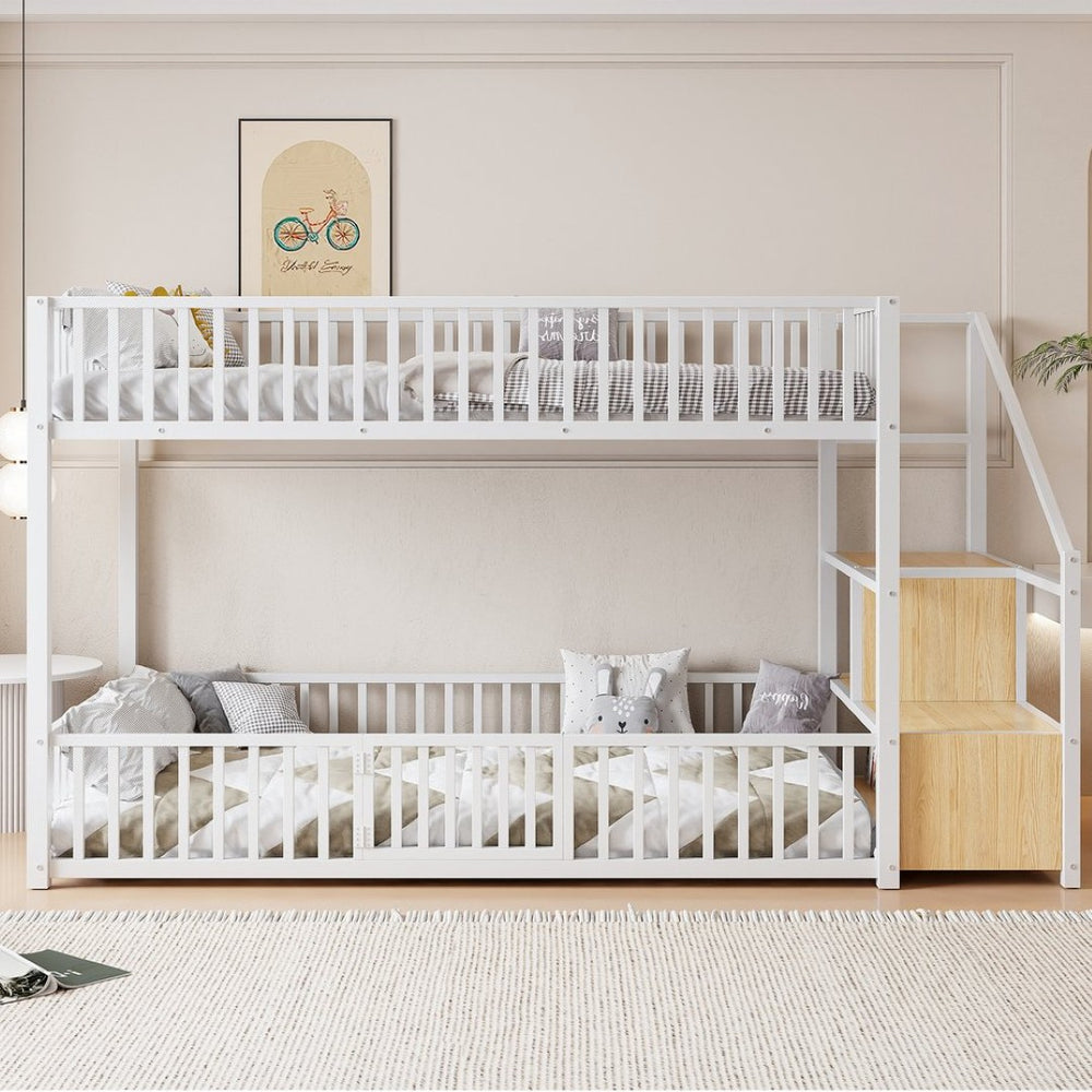 English Elm Twin Steel Bunk Bed with Storage Ladder Safety Rails and Compact Low Profile Frame White N7500000676K