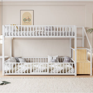 English Elm Twin Steel Bunk Bed with Storage Ladder Safety Rails and Compact Low Profile Frame White N7500000676K