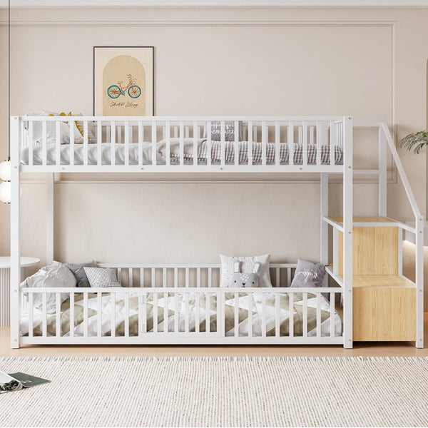 English Elm Twin Steel Bunk Bed with Storage Ladder Safety Rails and Compact Low Profile Frame White N7500000676K