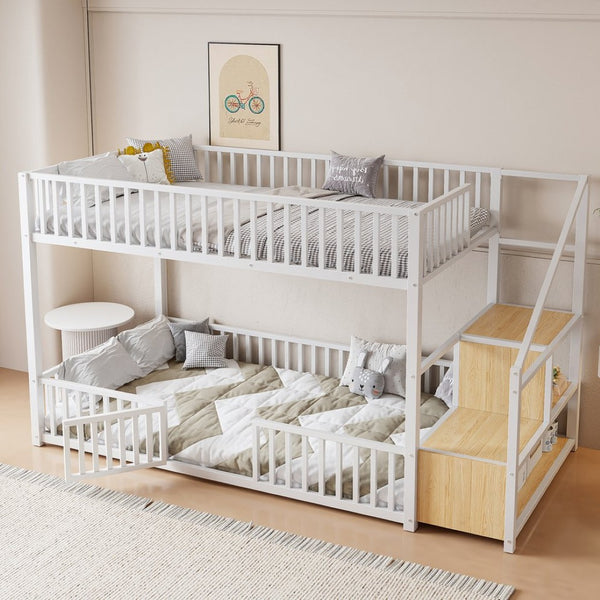 English Elm Twin Steel Bunk Bed with Storage Ladder Safety Rails and Compact Low Profile Frame White N7500000676K