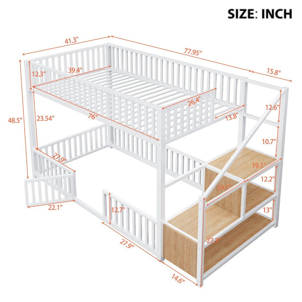 English Elm Twin Steel Bunk Bed with Storage Ladder Safety Rails and Compact Low Profile Frame White N7500000676K