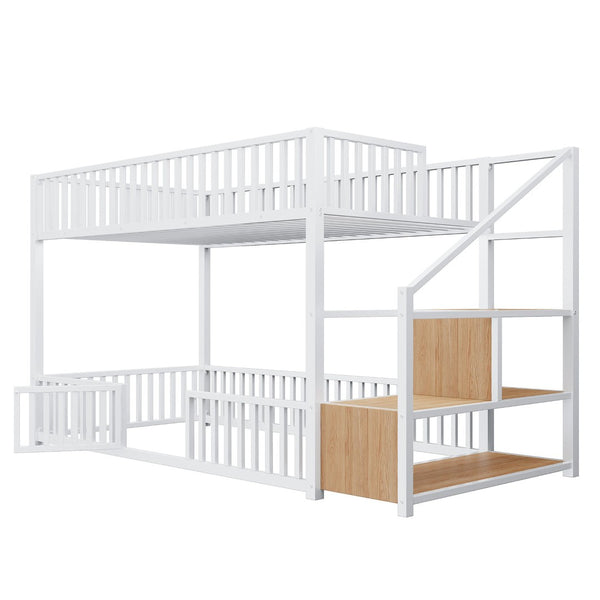 English Elm Twin Steel Bunk Bed with Storage Ladder Safety Rails and Compact Low Profile Frame White N7500000676K